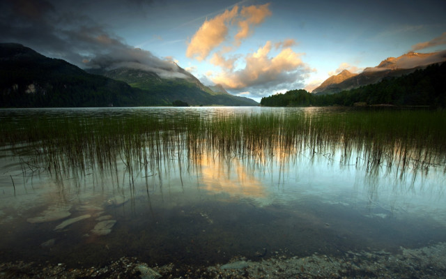 Lake reflection mountains sunset clouds free wallpaper - medium preview image