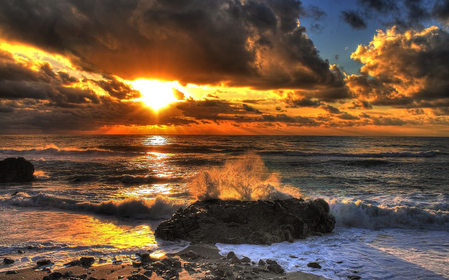 Sunset ocean waves rocks clouds #2 free wallpaper - medium preview image
