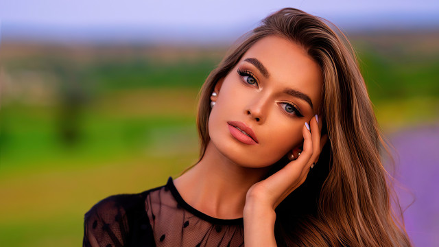 Woman long hair green field #2 free wallpaper - medium preview image