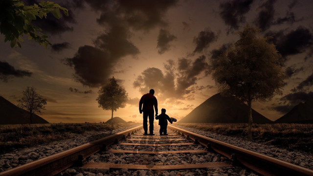 Man child train track sunset free wallpaper - medium preview image