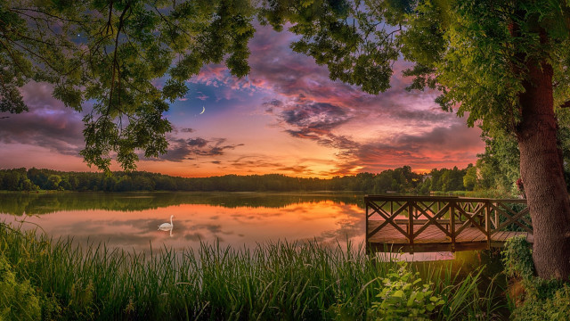 Bench pier lake sunset swan free wallpaper - medium preview image