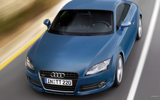 Blue car forest road typographic free wallpaper - medium preview image