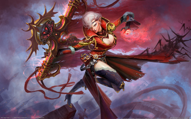 Woman red outfit sword bird free wallpaper - medium preview image