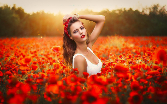 Woman redflowers autumn fieryhair dusk free wallpaper - medium preview image