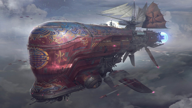 Futuristic ship sailboat airship castle free wallpaper - medium preview image