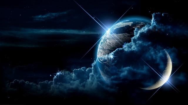 Blue planet crescent stars space free wallpaper - medium preview image