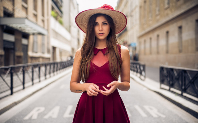 Woman red dress hat street free wallpaper - medium preview image