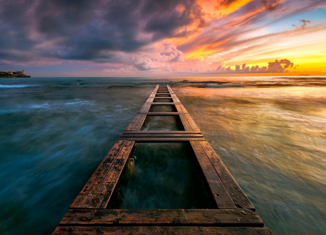 Sunset dock ocean colorful sky free wallpaper - medium preview image