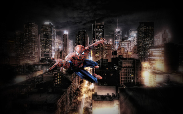 Spiderman city night skyline architecture free wallpaper - medium preview image