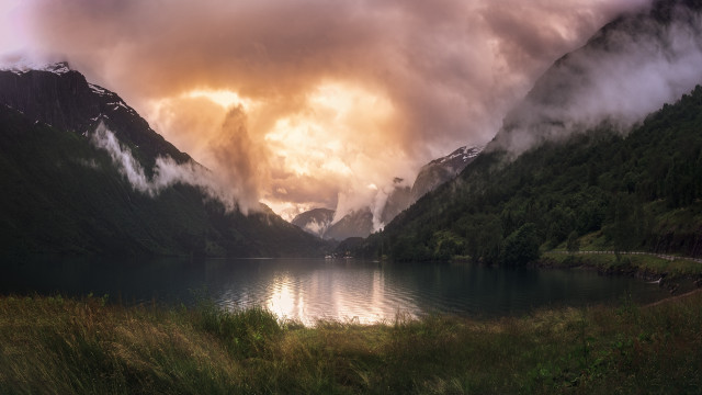 Lake mountains cloudy sky road free wallpaper - medium preview image
