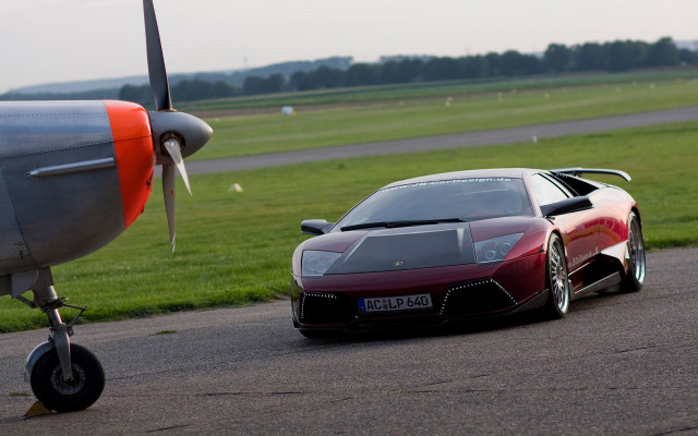 Red sports car runway plane free wallpaper - medium preview image