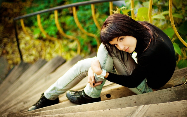 Woman sitting stairs phone hand free wallpaper - medium preview image