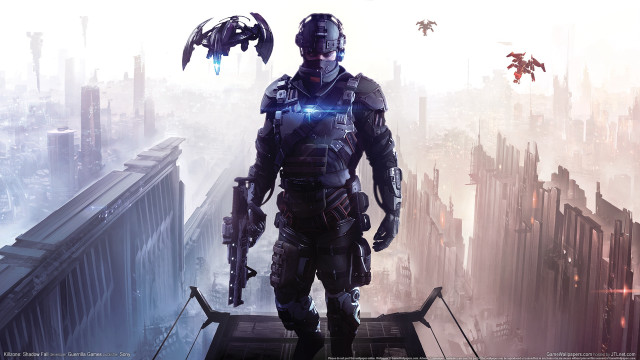 Futuristic man rooftop cityscape robot free wallpaper - medium preview image