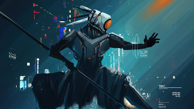 Futuristic man sword cyberpunk city #2 free wallpaper - medium preview image