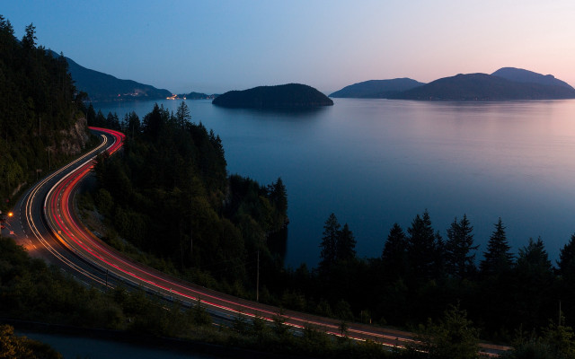 Highway lake night mountain forest free wallpaper - medium preview image
