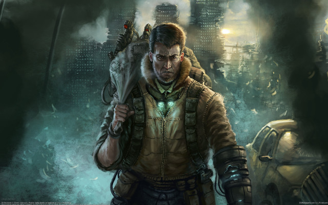 Man knife cityscape smoke fog free wallpaper - medium preview image