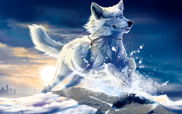 White wolf running water red free wallpaper - medium preview image