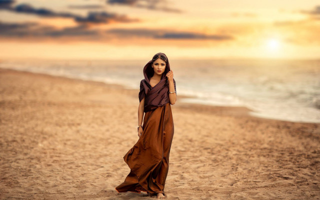Woman beach dress sunset ocean free wallpaper - medium preview image