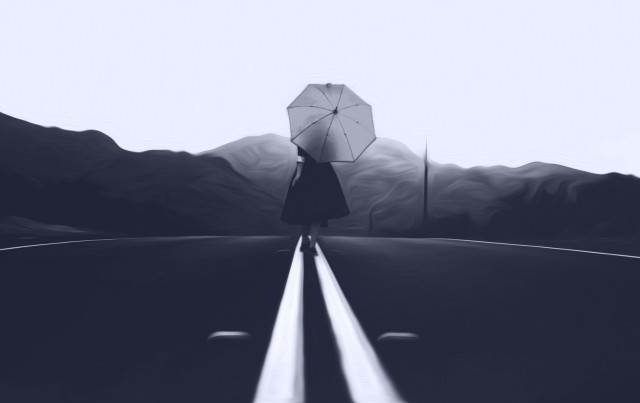 Person umbrella road mountains photorealism free wallpaper - medium preview image