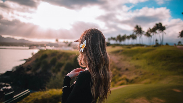 Woman hill ocean beach palm free wallpaper - medium preview image