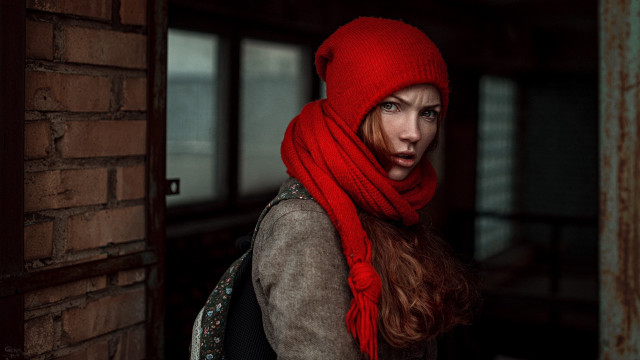 Woman red scarf hat doorway free wallpaper - medium preview image