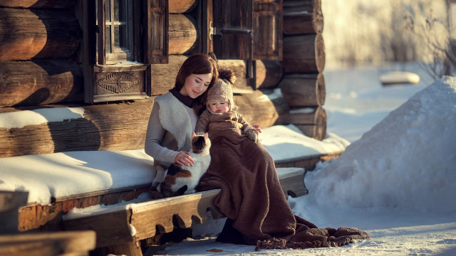 Woman child bench logcabin snow free wallpaper - medium preview image