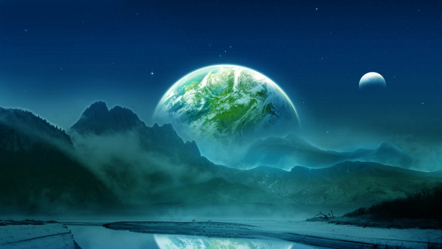 Planet mountains lake moon aurora free wallpaper - medium preview image