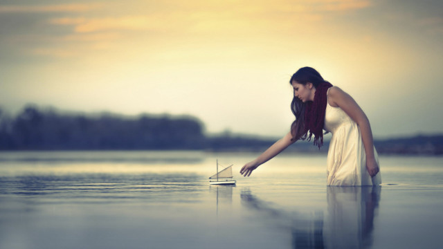 Woman white dress laptop beach free wallpaper - medium preview image