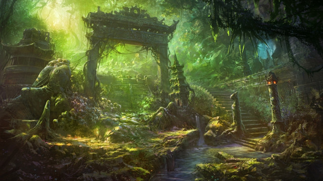 Forest stairs man bench fantasy free wallpaper - medium preview image