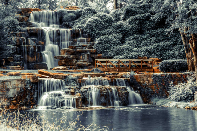 Waterfall bench forest snow cityscape free wallpaper - medium preview image