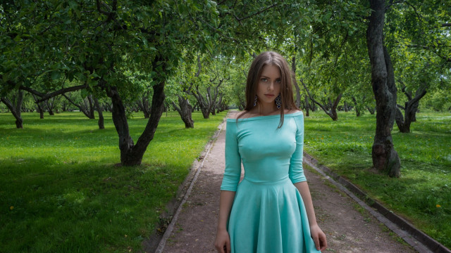 Woman blue dress park sunlight free wallpaper - medium preview image