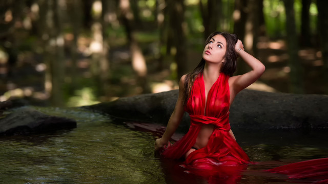 Woman red dress river woods free wallpaper - medium preview image