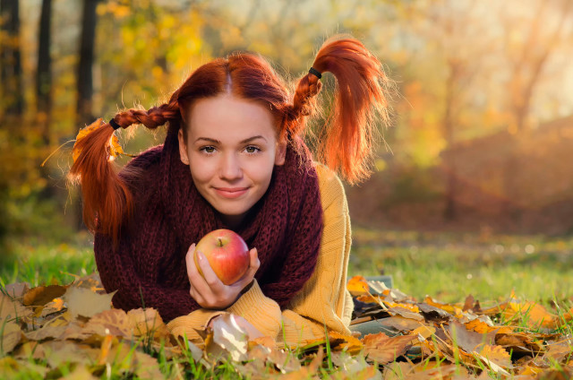 Woman smiling apple autumn field free wallpaper - medium preview image