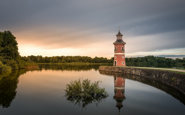 Lake clocktower forest mountain sunset free wallpaper - medium preview image