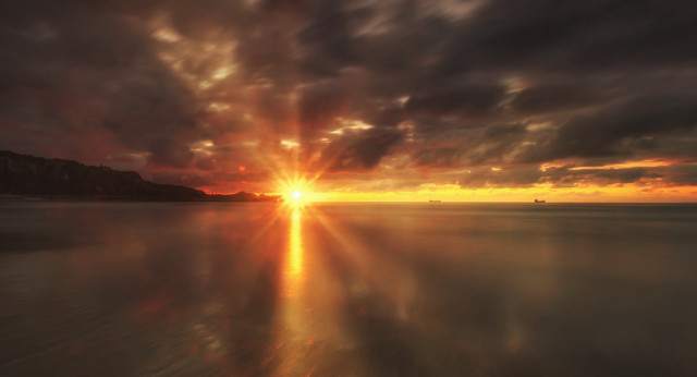 Sunset water boat mountain clouds #4 free wallpaper - medium preview image