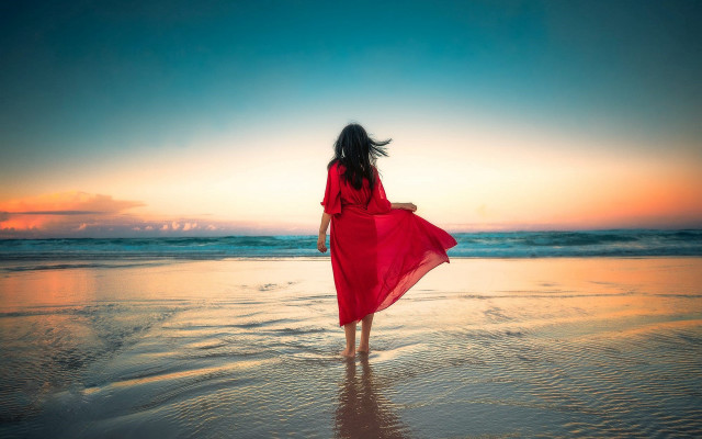 Woman red dress beach sunset #4 free wallpaper - medium preview image