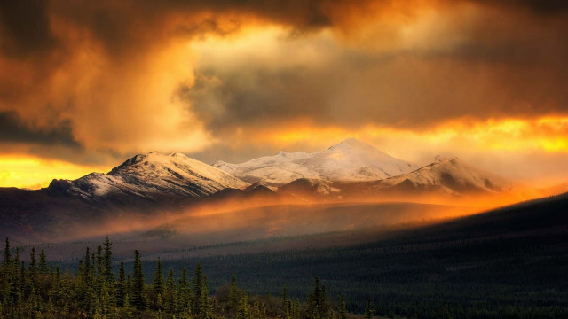Mountain range sunset snow forest free wallpaper - medium preview image