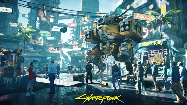Giant robot city street cyberpunk free wallpaper - medium preview image