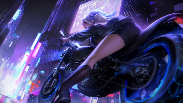 Futuristic city night neon motorcycle free wallpaper - medium preview image