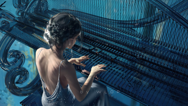 Woman playing piano blue room free wallpaper - medium preview image