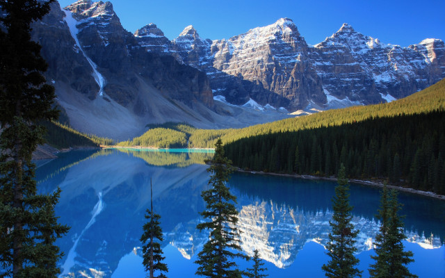 Mountain lake forest snowy sky free wallpaper - medium preview image