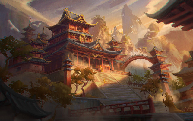 Chinese building bridge rainbow fantasy free wallpaper - medium preview image