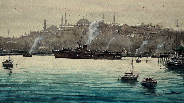 Harbor boats city smoke watercolor free wallpaper - medium preview image