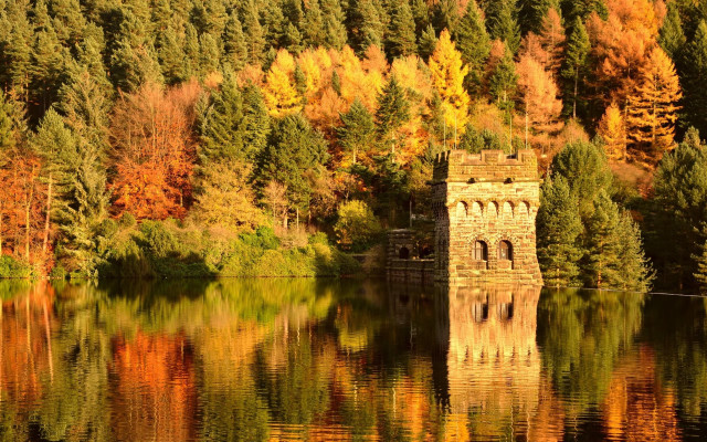 Castle lake fall trees impressionist free wallpaper - medium preview image