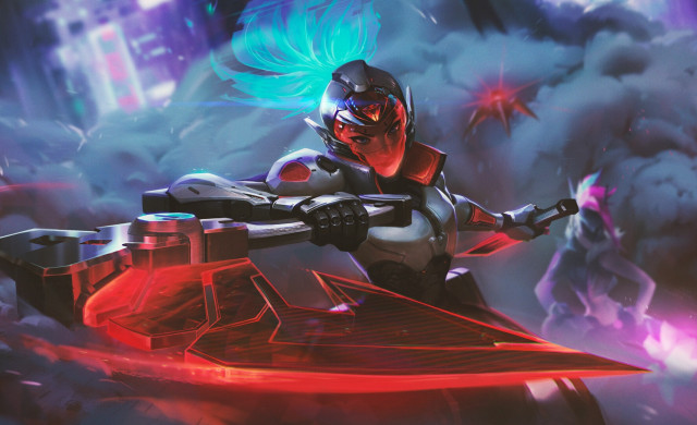 Futuristic man suit holding mecha free wallpaper - medium preview image