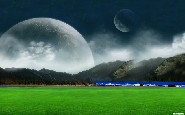 Green mountains lake moon bamboo free wallpaper - medium preview image