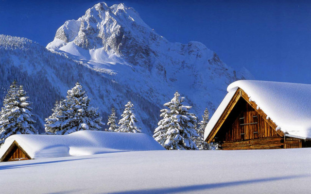 Snowy mountain cabin trees blue #2 free wallpaper - medium preview image