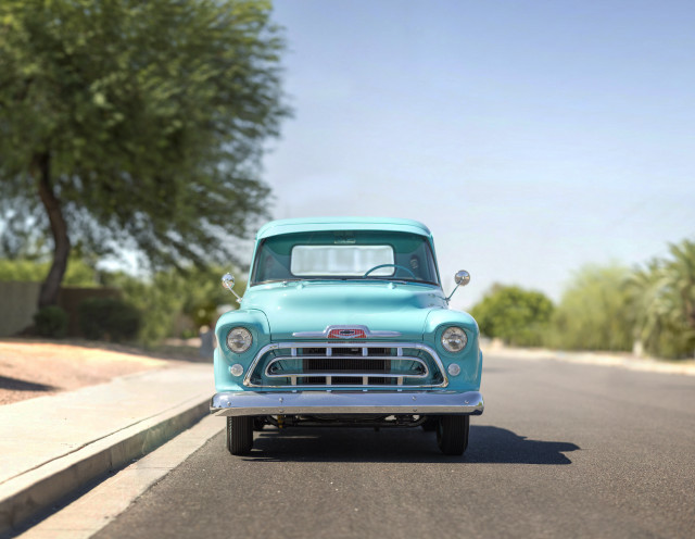 Blue truck road tree sidewalk free wallpaper - medium preview image