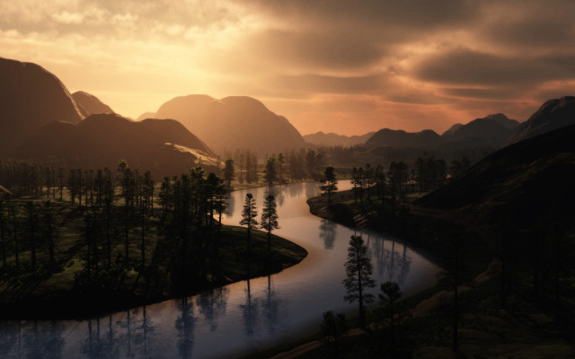 River forest sunset mountains cityscape free wallpaper - medium preview image