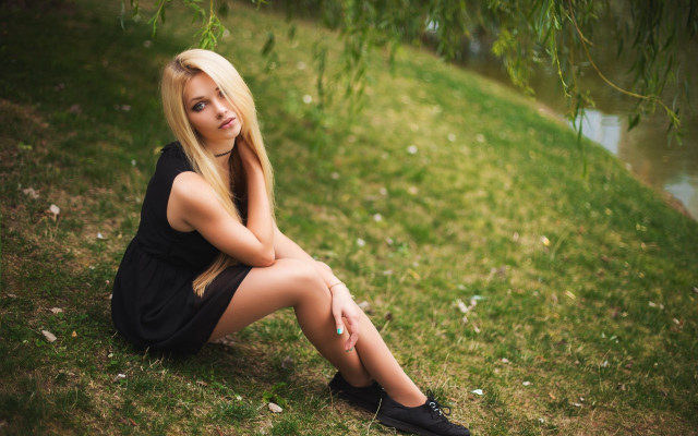 Woman sitting pond tree nature free wallpaper - medium preview image